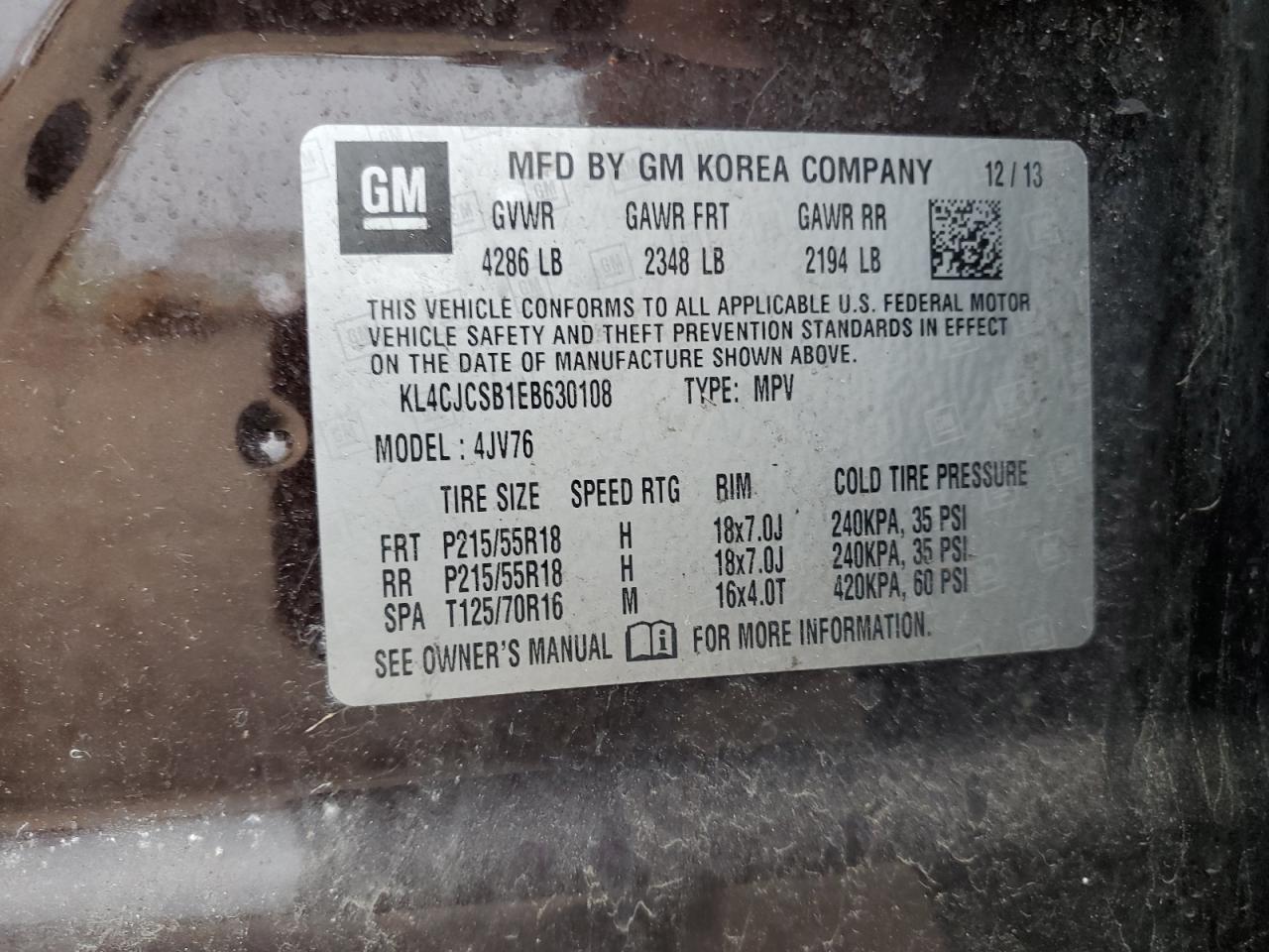 2014 Buick Encore VIN: KL4CJCSB1EB630108 Lot: 86250035