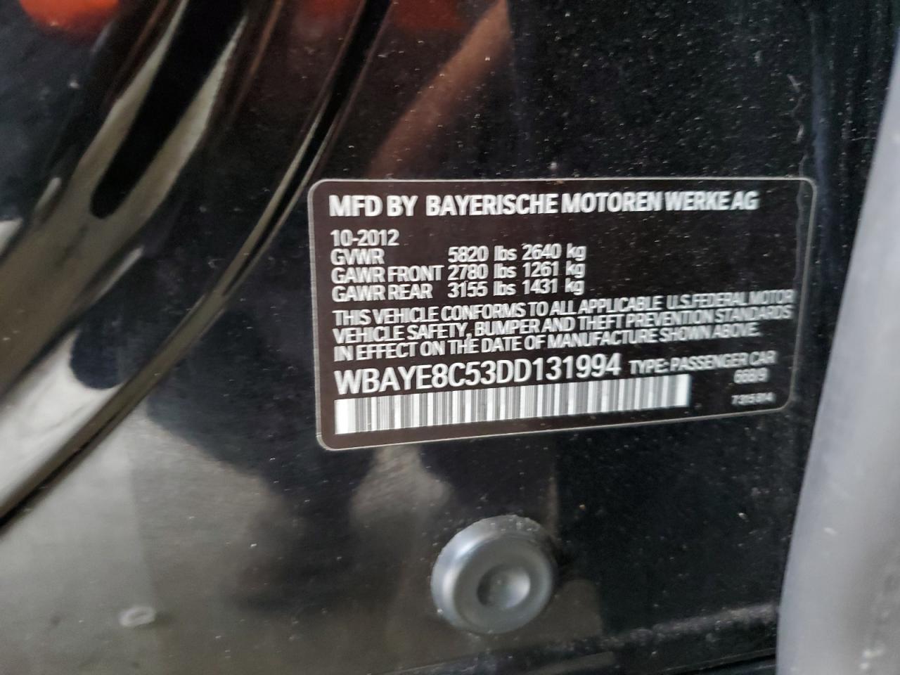 2013 BMW 750 Li VIN: WBAYE8C53DD131994 Lot: 89630815