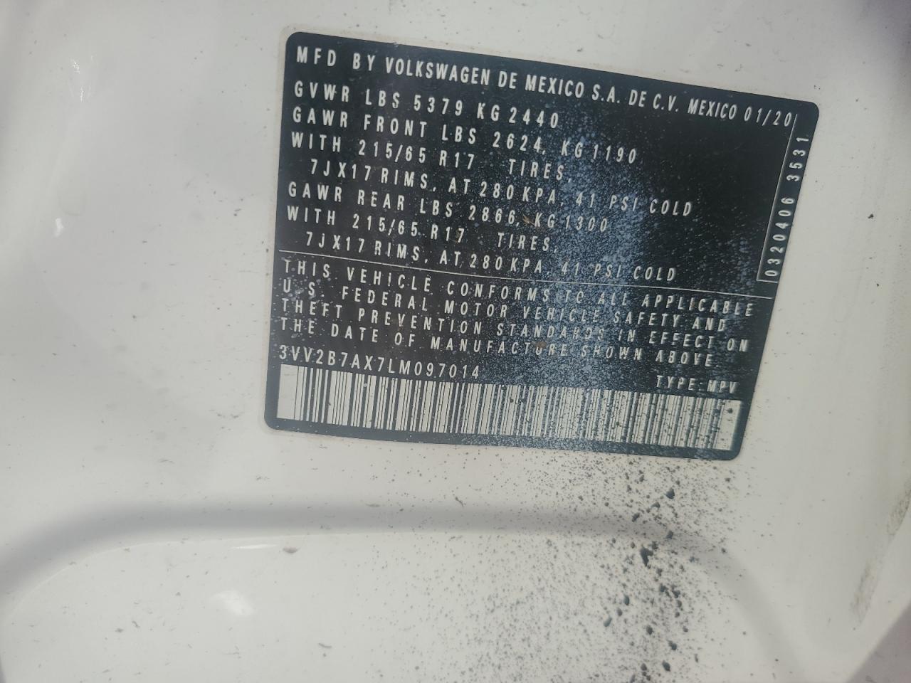 2020 Volkswagen Tiguan Se VIN: 3VV2B7AX7LM097014 Lot: 89823405