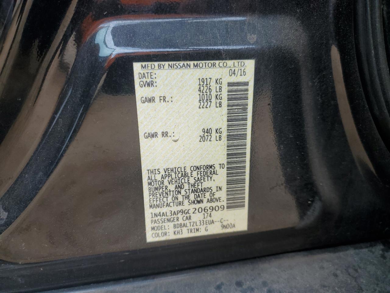 2016 Nissan Altima 2.5 VIN: 1N4AL3AP9GC206909 Lot: 82325125