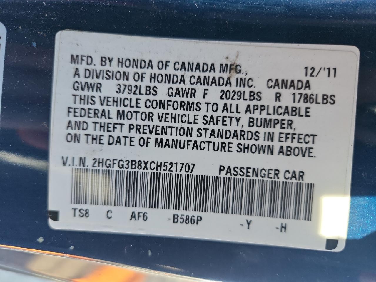 2012 Honda Civic Ex VIN: 2HGFG3B8XCH521707 Lot: 87380175