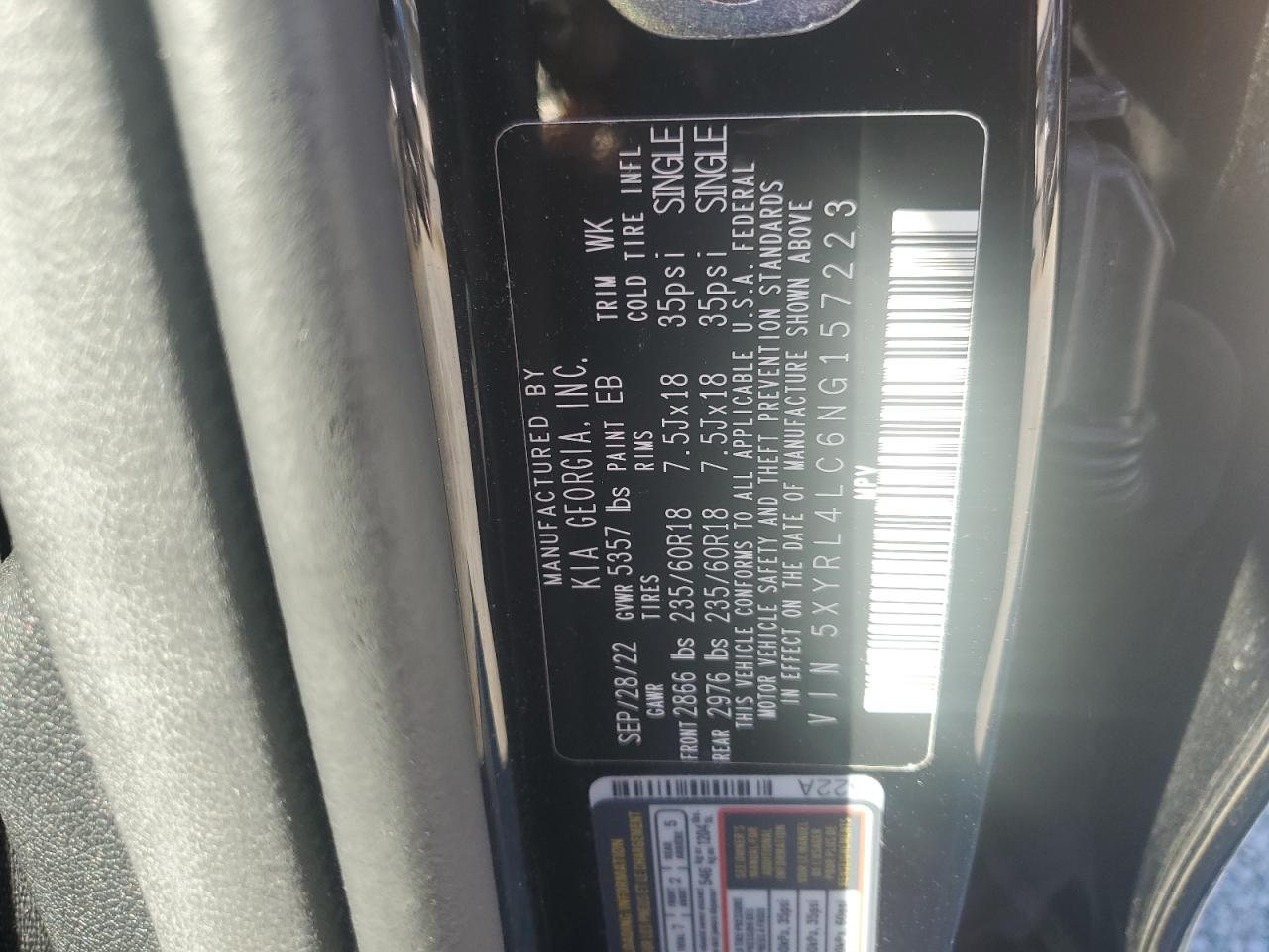 2022 Kia Sorento S VIN: 5XYRL4LC6NG157223 Lot: 86482555