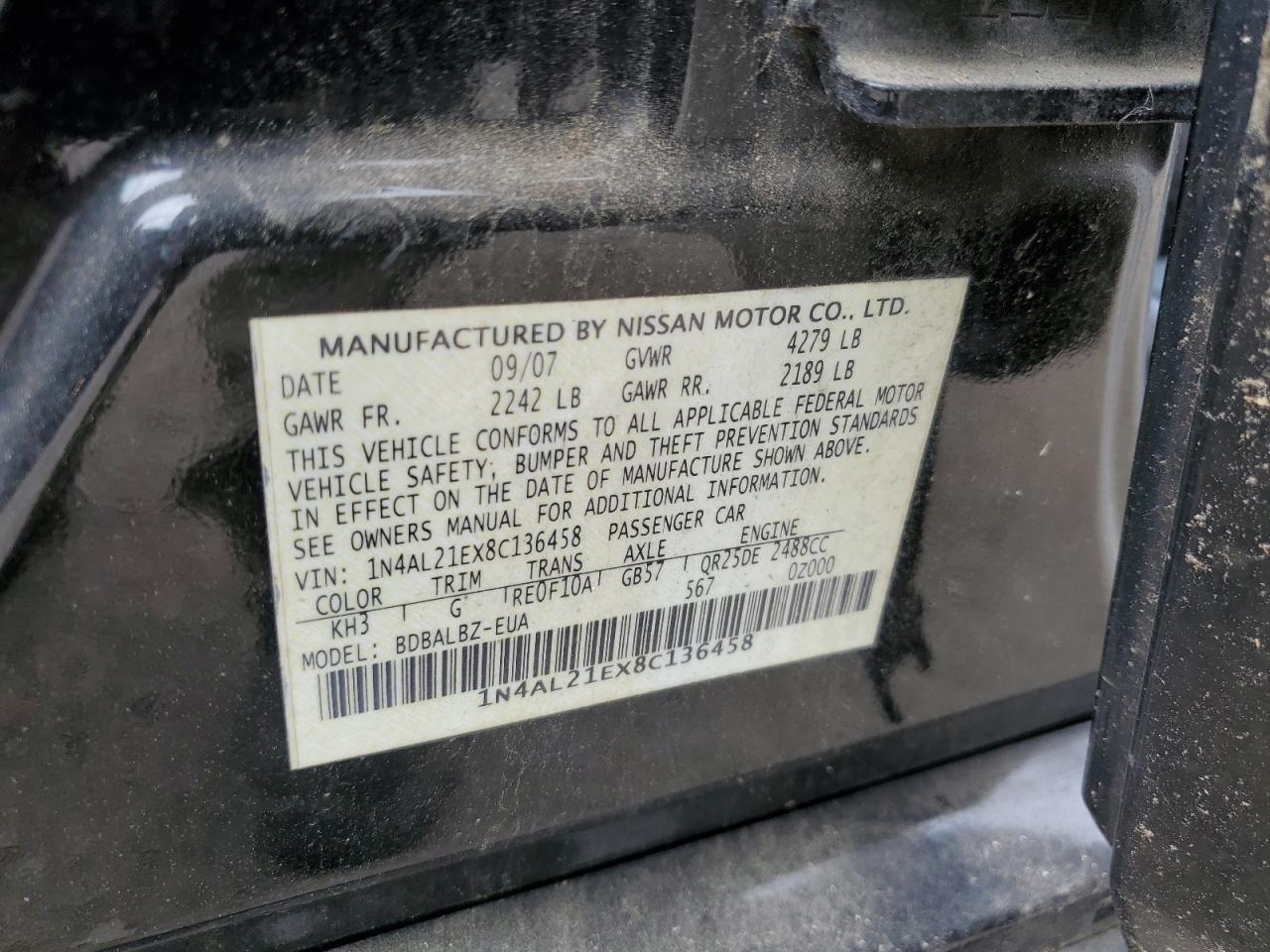 2008 Nissan Altima 2.5 VIN: 1N4AL21EX8C136458 Lot: 86221905