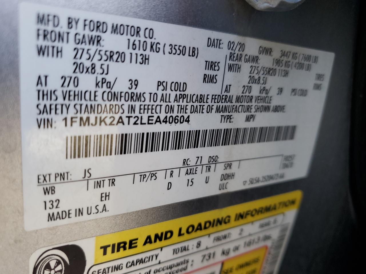 2020 Ford Expedition Max Limited VIN: 1FMJK2AT2LEA40604 Lot: 84788345