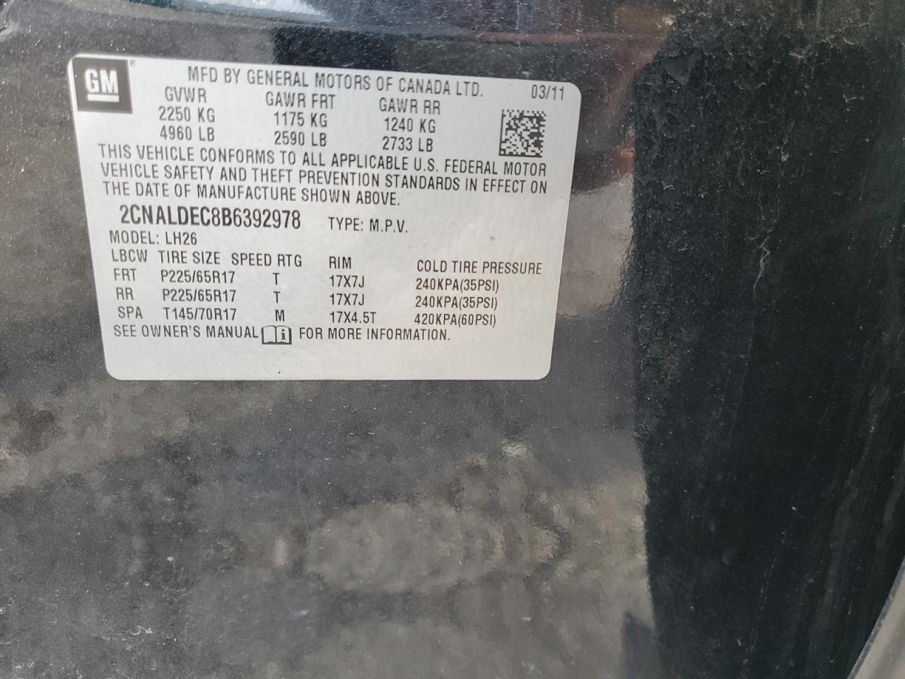 2011 Chevrolet Equinox Lt VIN: 2CNALDEC8B6392978 Lot: 81988365