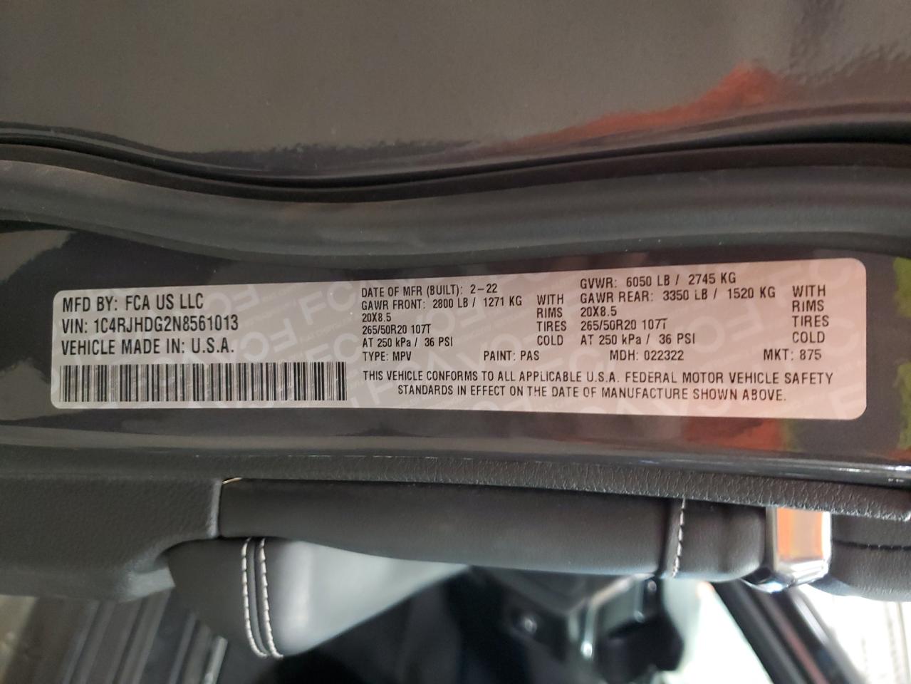 2022 Jeep Grand Cherokee Overland VIN: 1C4RJHDG2N8561013 Lot: 85602455