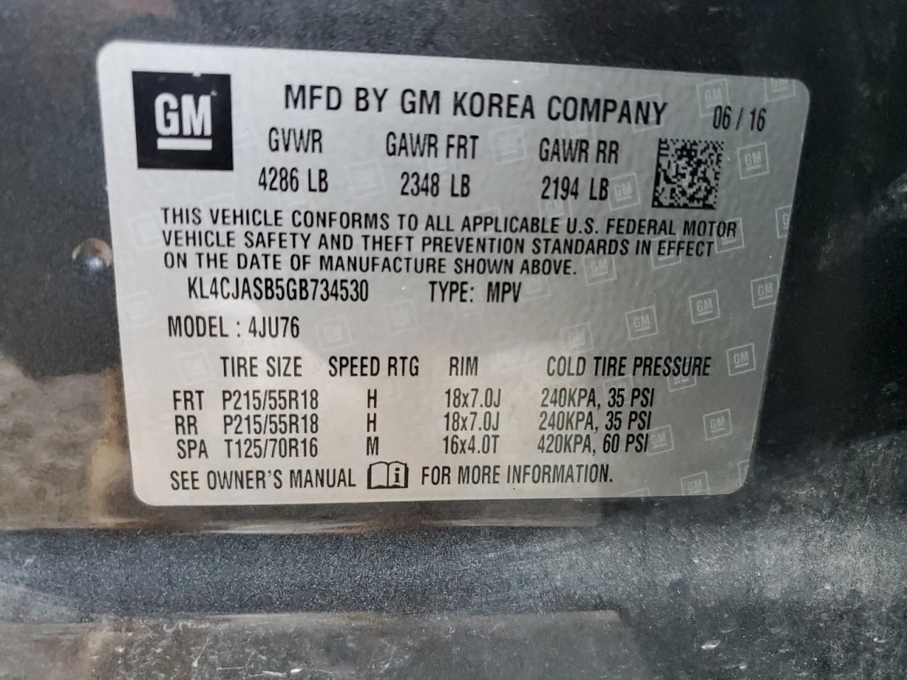 2016 Buick Encore VIN: KL4CJASB5GB734530 Lot: 84194865