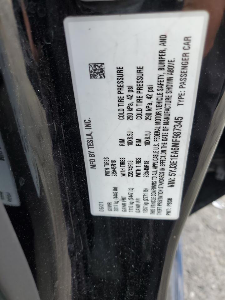2021 Tesla Model 3 VIN: 5YJ3E1EA6MF987345 Lot: 86123175