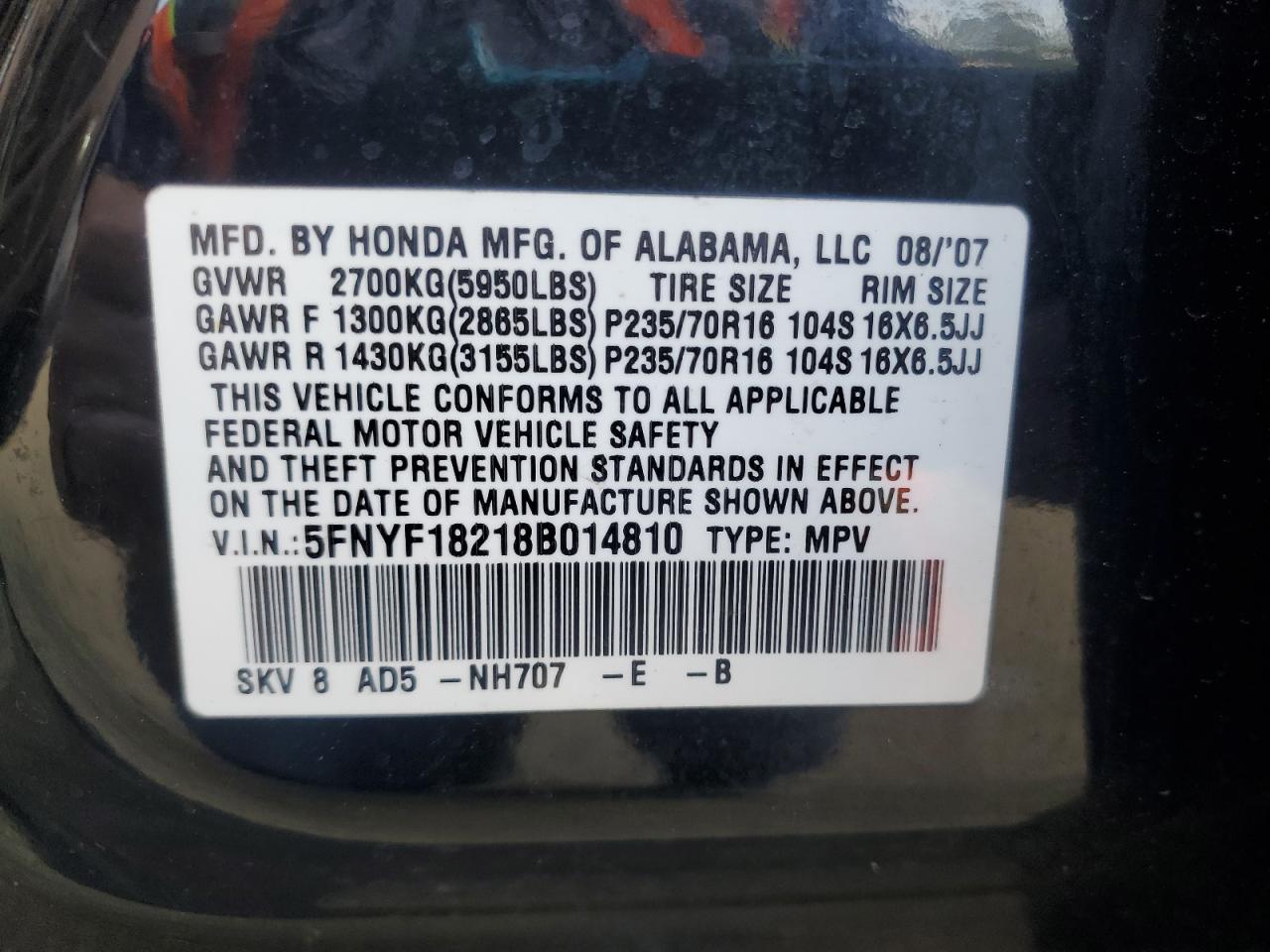2008 Honda Pilot Vp VIN: 5FNYF18218B014810 Lot: 84990205
