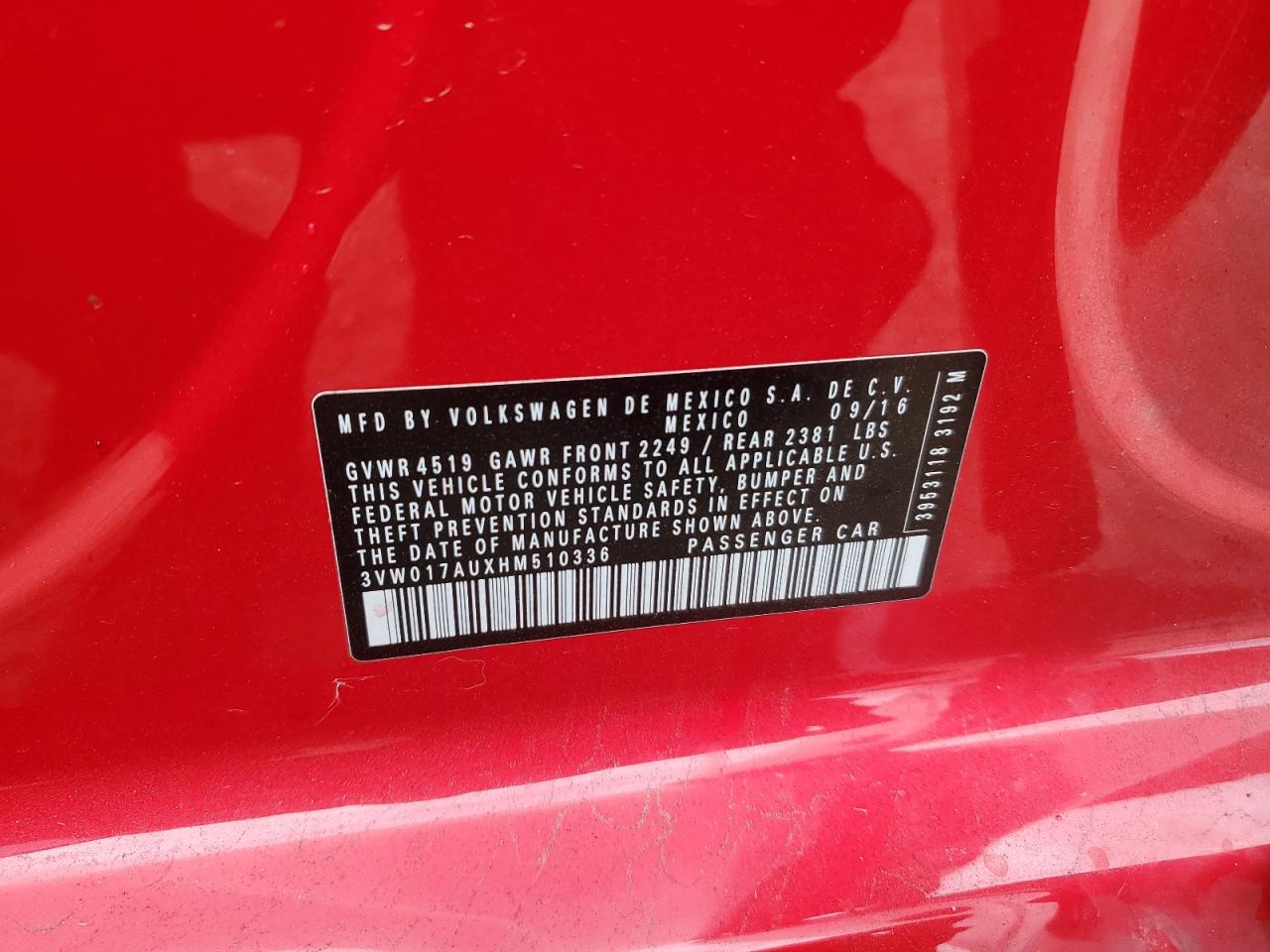 2017 Volkswagen Golf Sportwagen S VIN: 3VW017AUXHM510336 Lot: 90076175