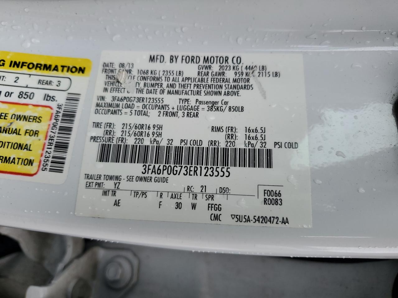 2014 Ford Fusion S VIN: 3FA6P0G73ER123555 Lot: 85568235