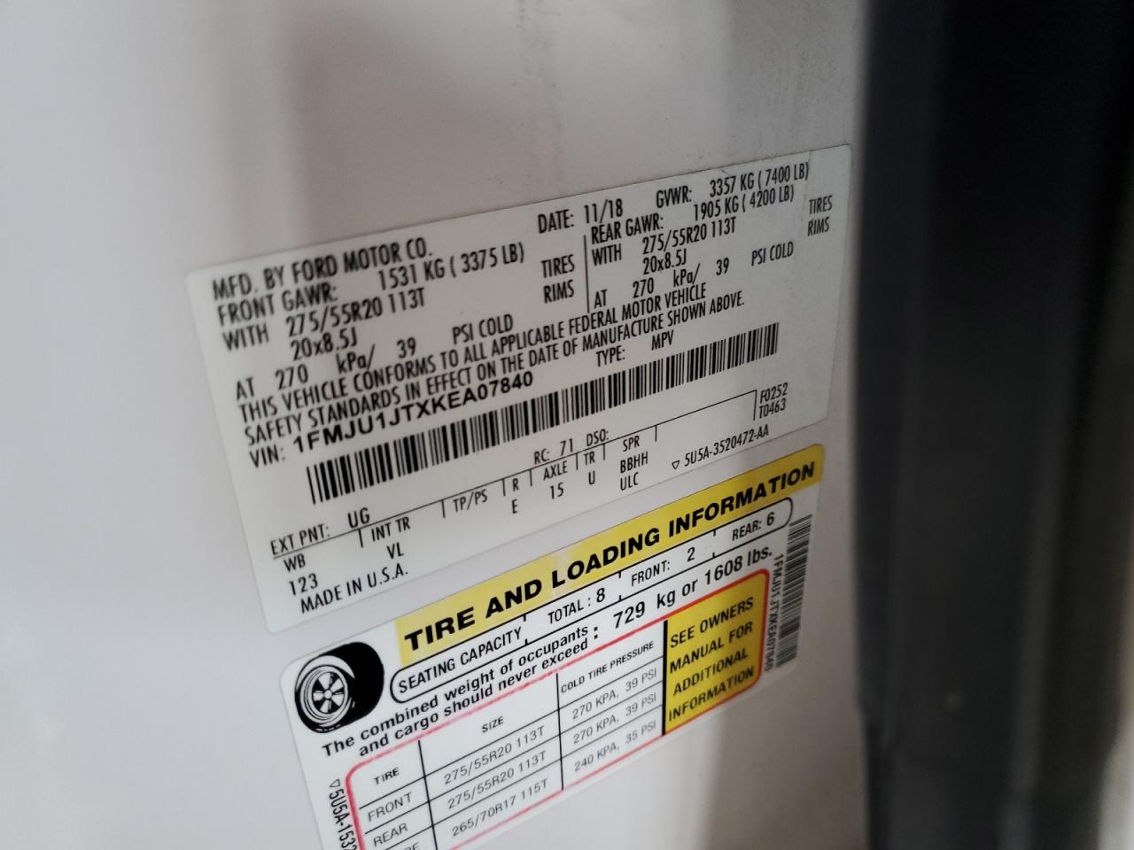 2019 Ford Expedition Xlt VIN: 1FMJU1JTXKEA07840 Lot: 85851245