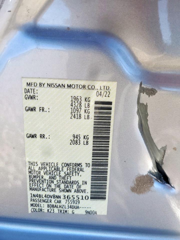 2022 Nissan Altima Sv VIN: 1N4BL4DV8NN365510 Lot: 90327895