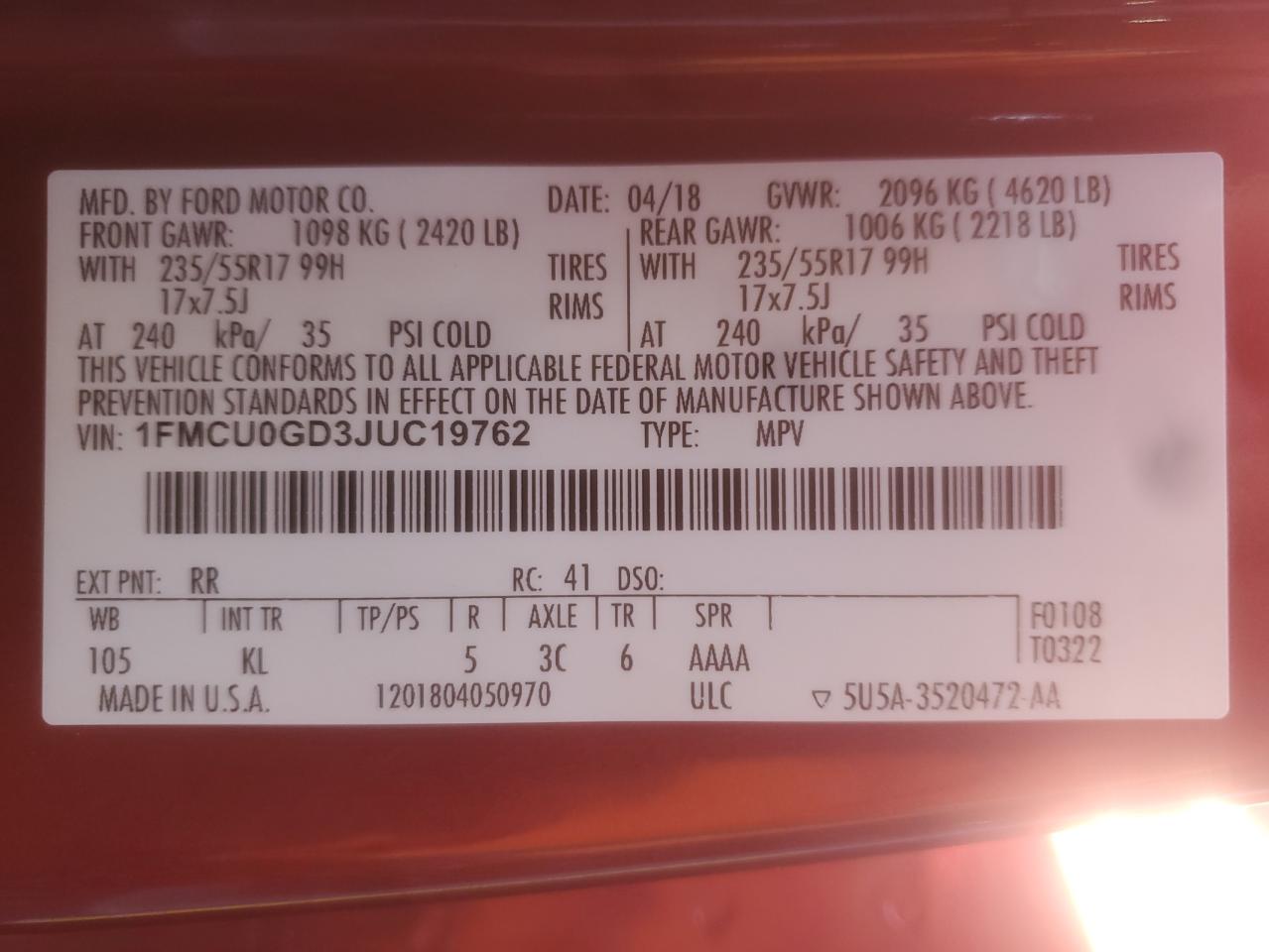 2018 Ford Escape Se VIN: 1FMCU0GD3JUC19762 Lot: 86640095