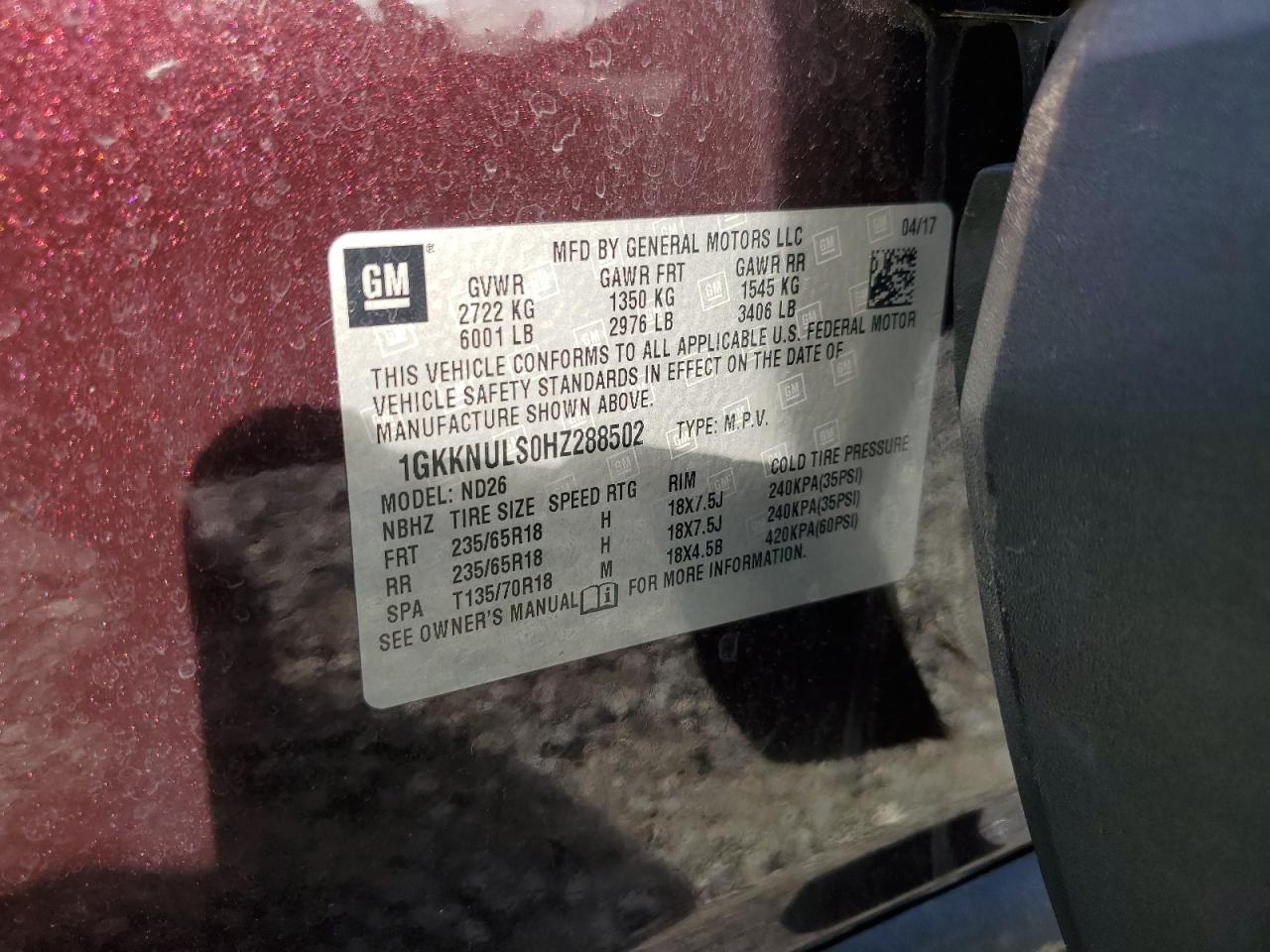 2017 GMC Acadia Slt-1 VIN: 1GKKNULS0HZ288502 Lot: 84768515