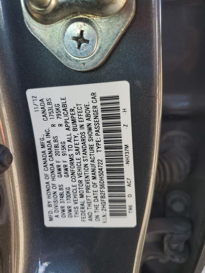 2013 Honda Civic Lx VIN: 2HGFB2F56DH504722 Lot: 85833645