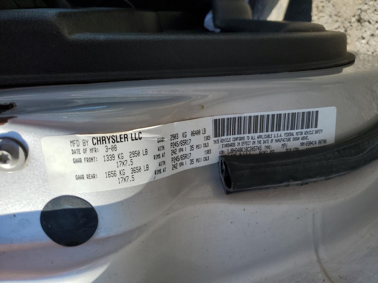 2008 Jeep Commander Sport VIN: 1J8HG48K18C205745 Lot: 89443655