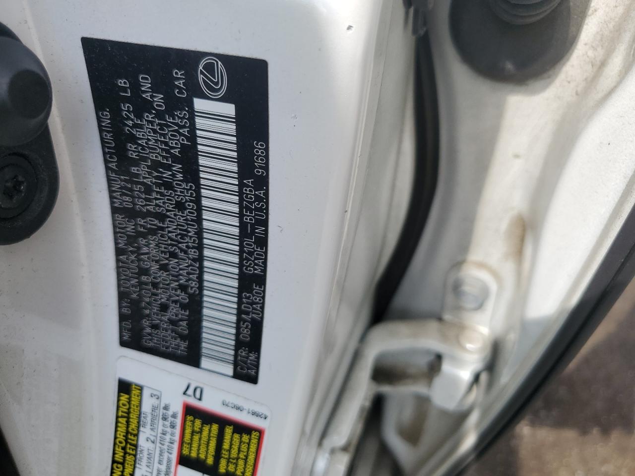 2021 Lexus Es 350 Base VIN: 58ADZ1B15MU109155 Lot: 85572725