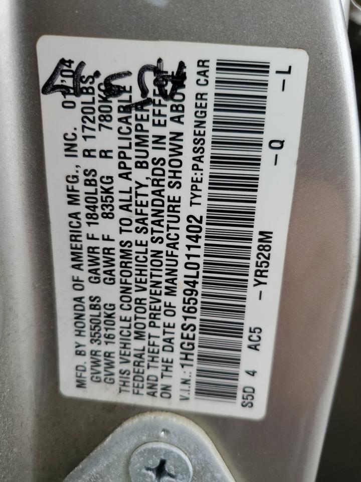 2004 Honda Civic Lx VIN: 1HGES16594L011402 Lot: 89561015