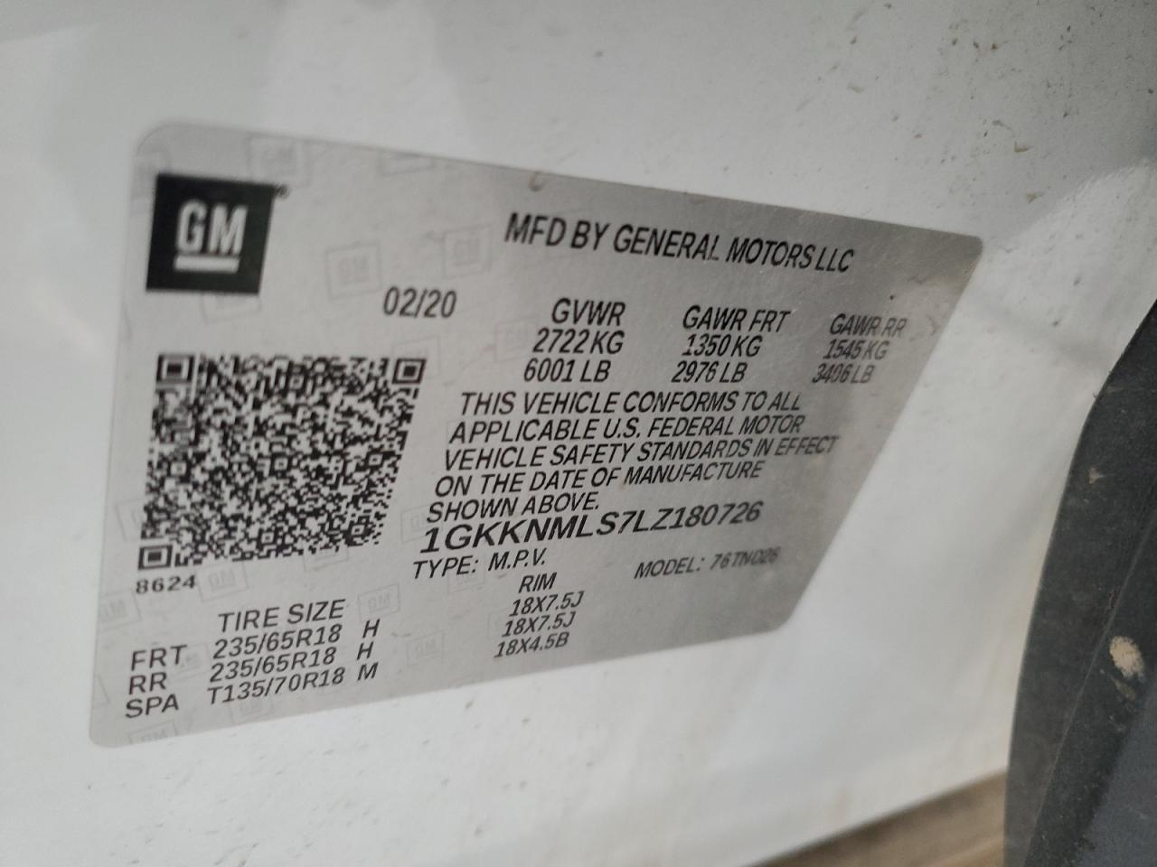 2020 GMC Acadia Slt VIN: 1GKKNMLS7LZ180726 Lot: 90015345