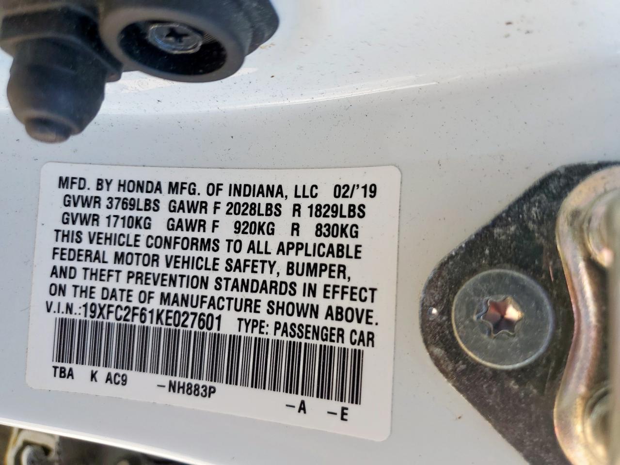 2019 Honda Civic Lx VIN: 19XFC2F61KE027601 Lot: 85195925