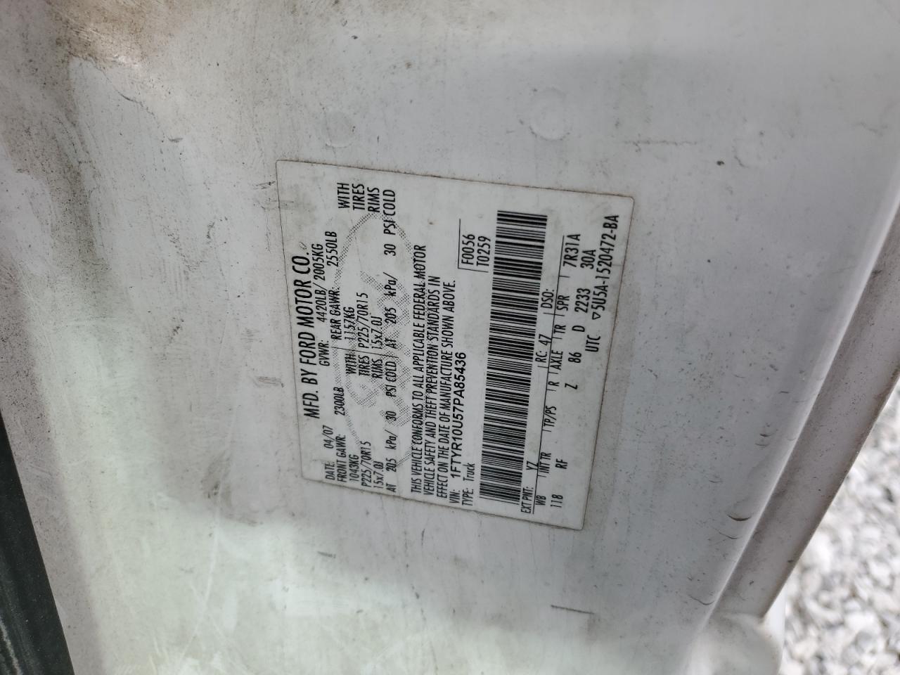 2007 Ford Ranger VIN: 1FTYR10U57PA85436 Lot: 82178055