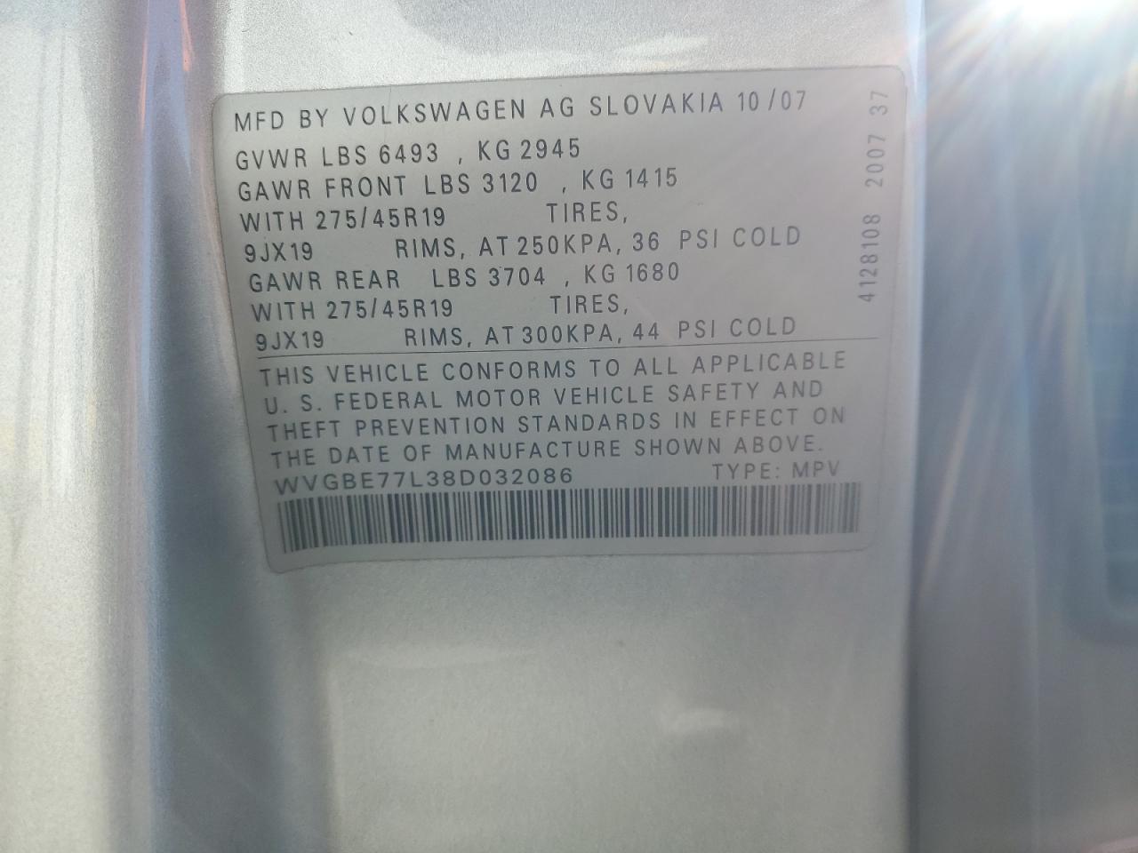 2008 Volkswagen Touareg 2 V6 VIN: WVGBE77L38D032086 Lot: 90893495