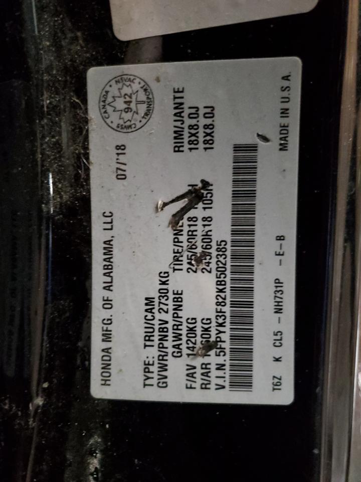 2019 Honda Ridgeline Black Edition VIN: 5FPYK3F82KB502385 Lot: 90036975