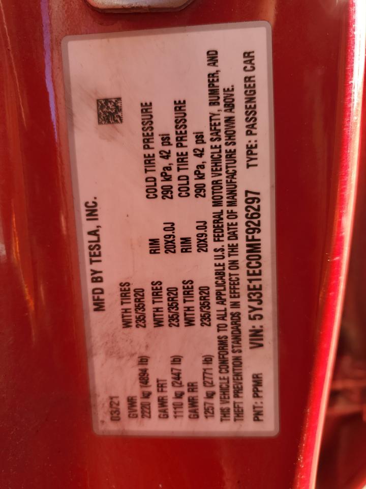2021 Tesla Model 3 VIN: 5YJ3E1EC0MF926297 Lot: 87102475