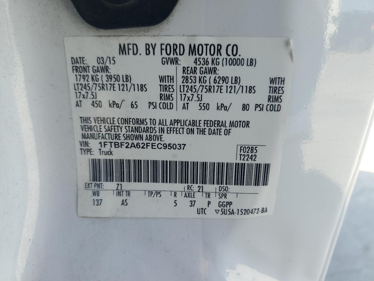 2015 Ford F250 Super Duty VIN: 1FTBF2A62FEC95037 Lot: 85885425