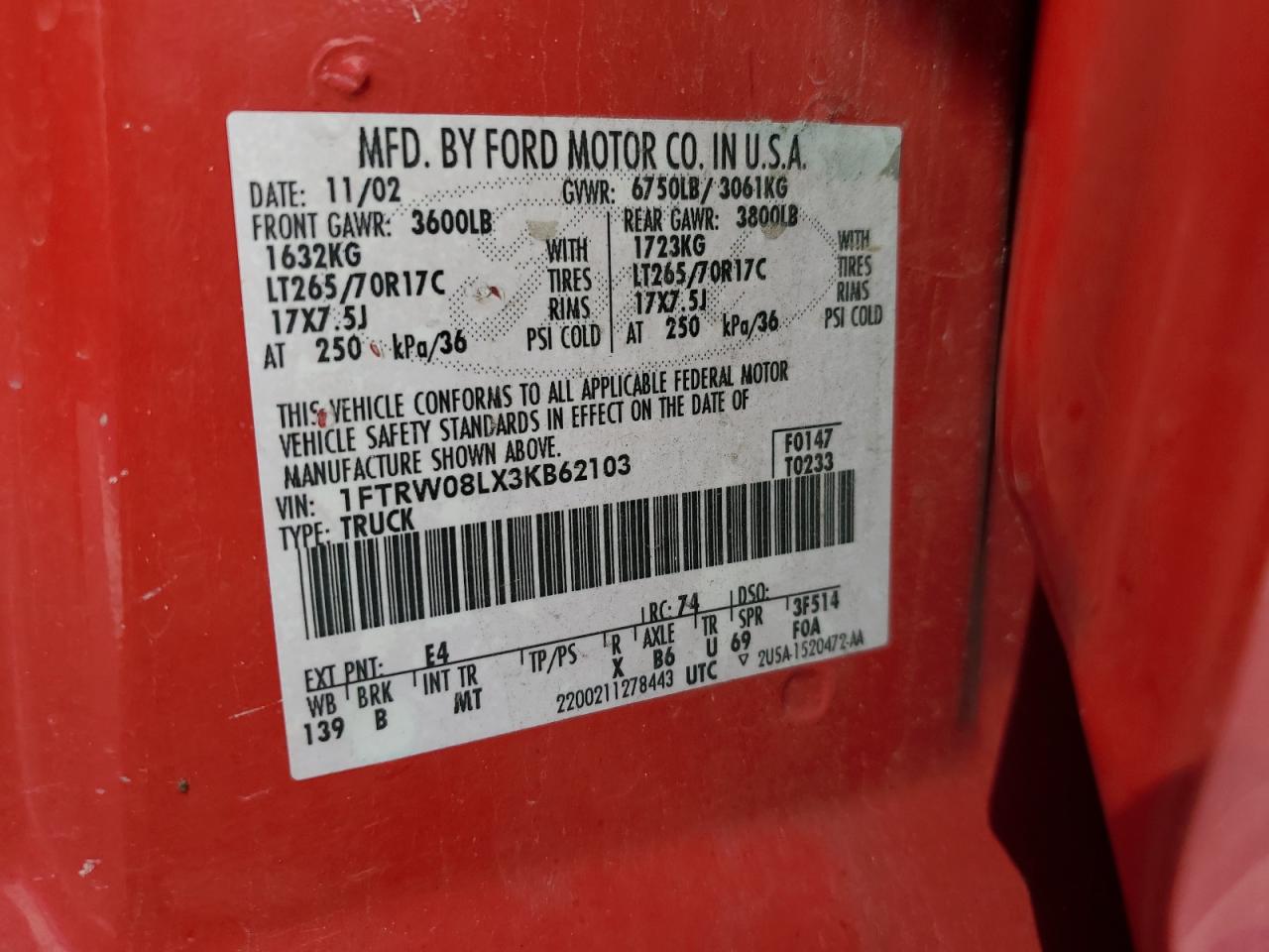 2003 Ford F150 Supercrew VIN: 1FTRW08LX3KB62103 Lot: 87478435