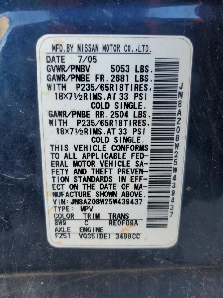 2005 Nissan Murano Sl VIN: JN8AZ08W25W439437 Lot: 87246665