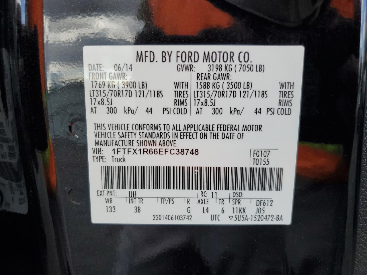 2014 Ford F150 Svt Raptor VIN: 1FTFX1R66EFC38748 Lot: 89433735