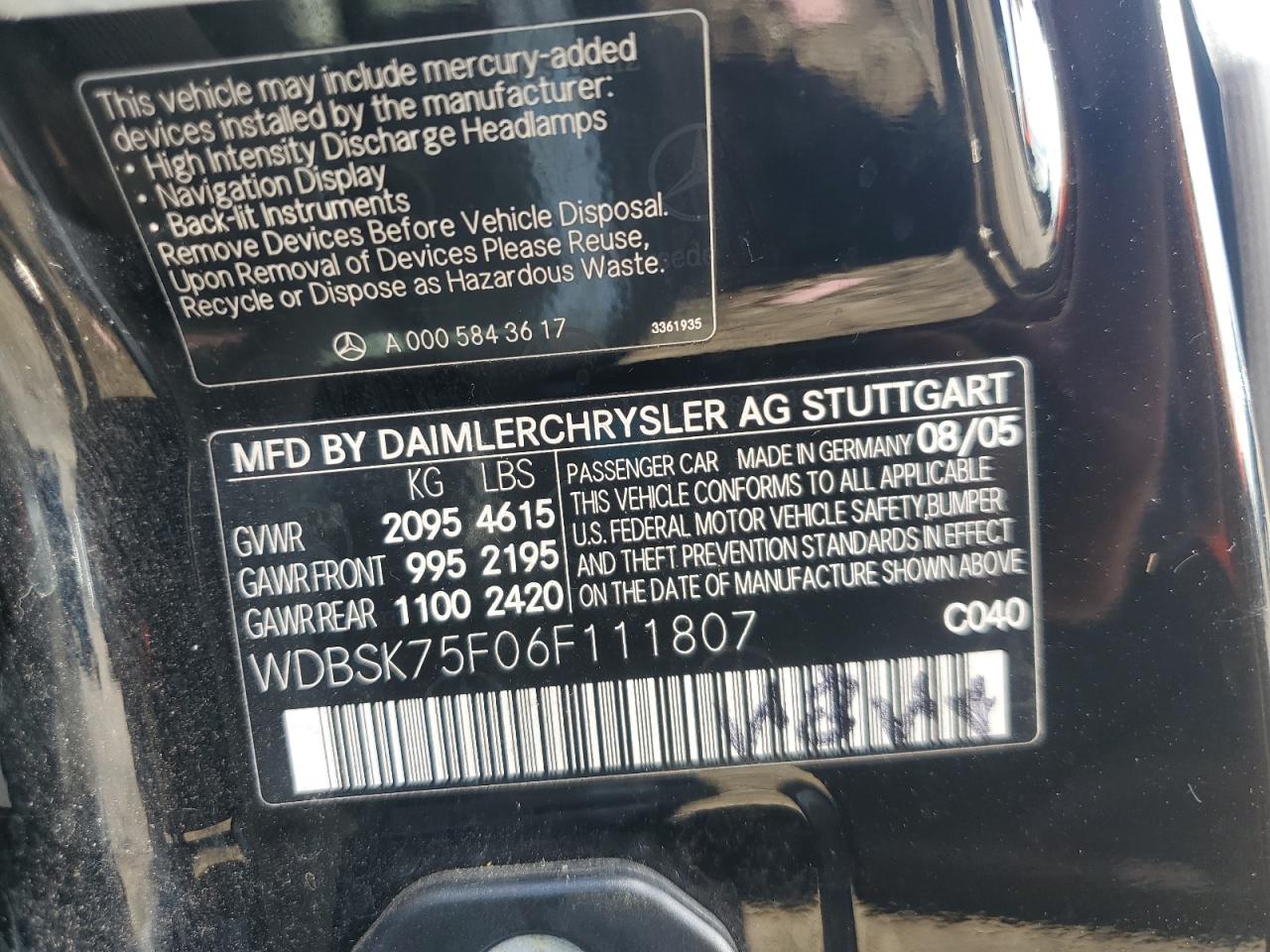 2006 Mercedes-Benz Sl 500 VIN: WDBSK75F06F111807 Lot: 85121545