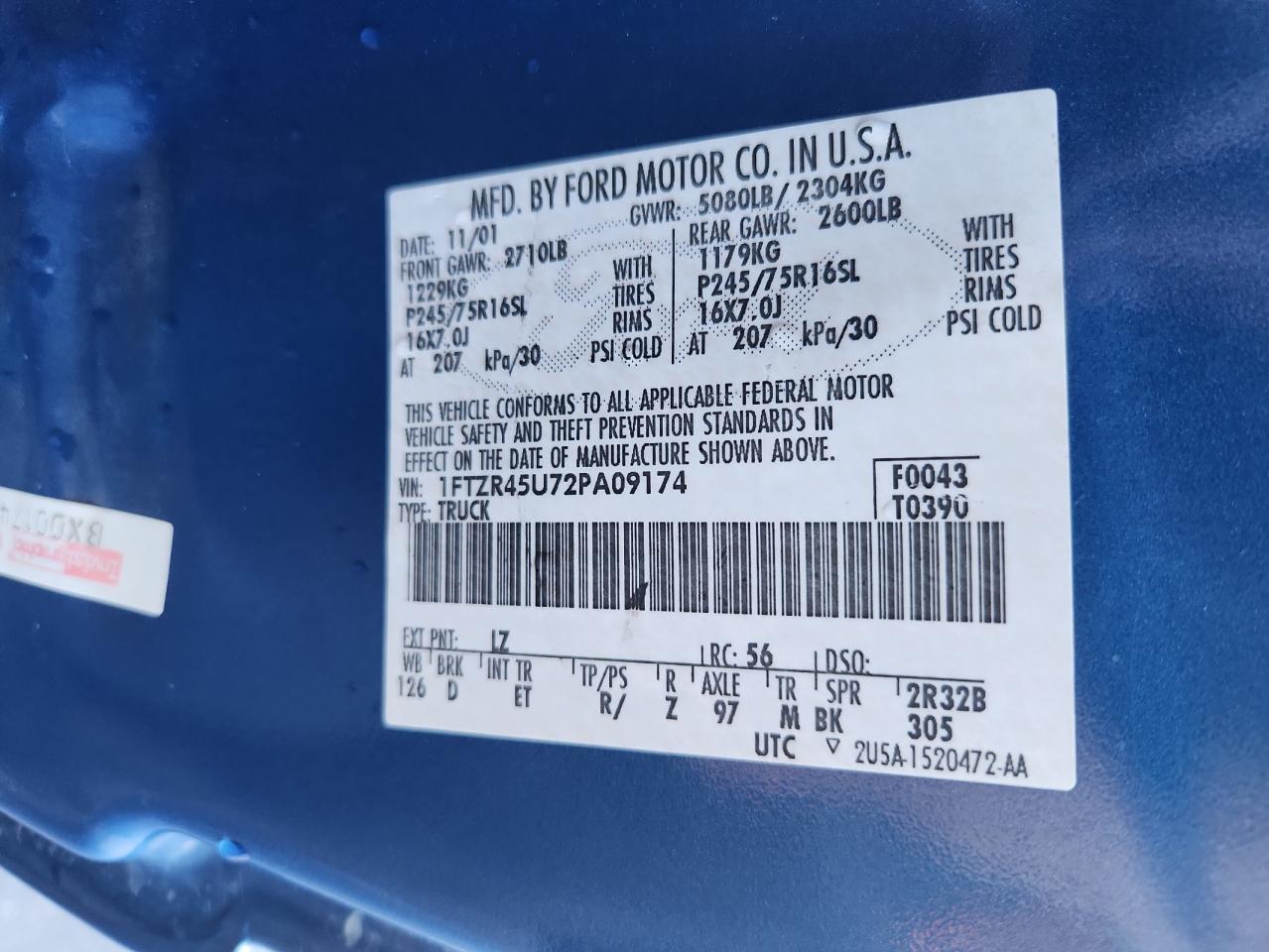 2002 Ford Ranger Super Cab VIN: 1FTZR45U72PA09174 Lot: 85376385