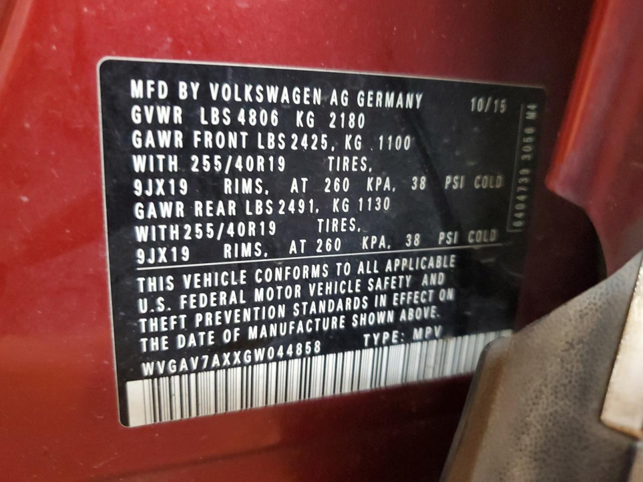 2016 Volkswagen Tiguan S VIN: WVGAV7AXXGW044858 Lot: 83878325