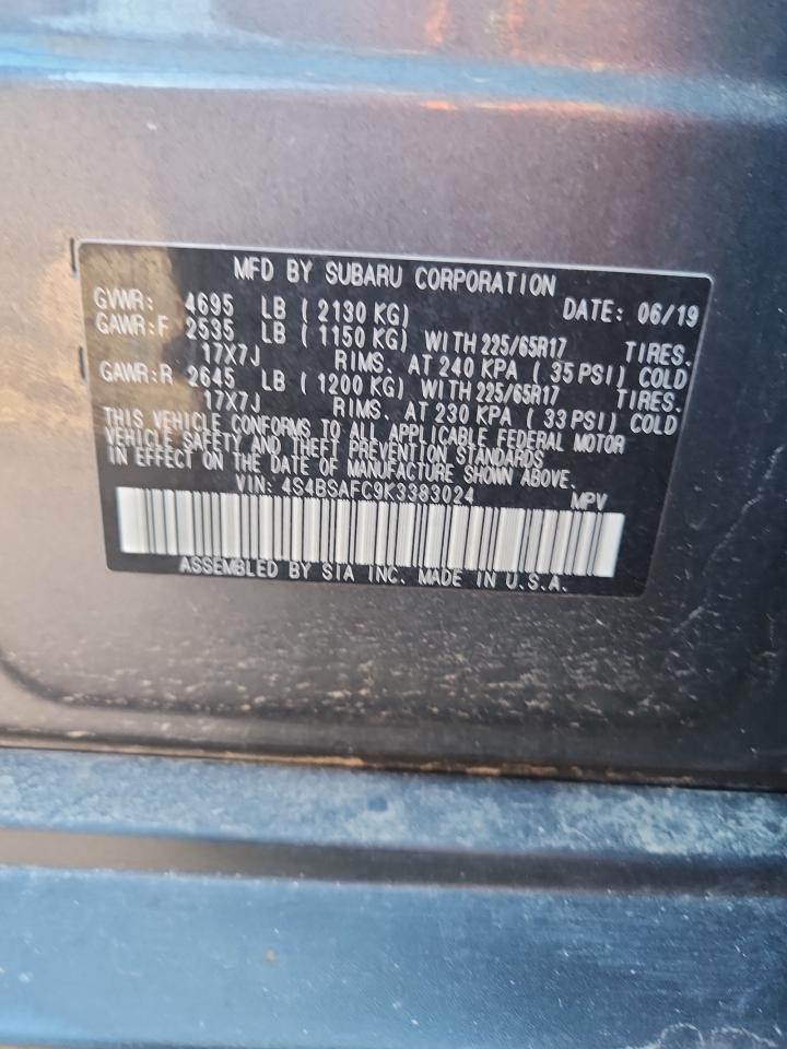 2019 Subaru Outback 2.5I Premium VIN: 4S4BSAFC9K3383024 Lot: 84760085