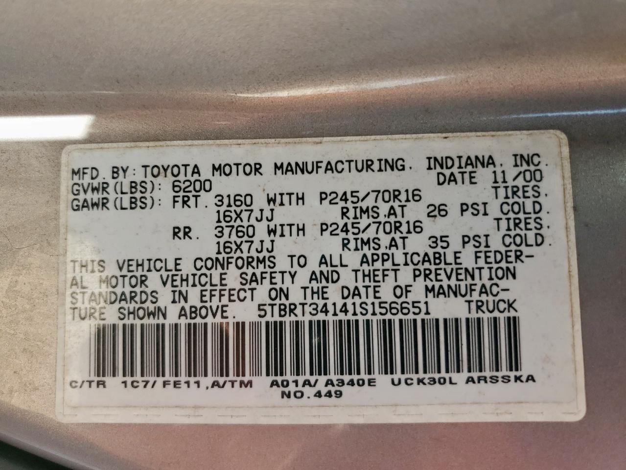 2001 Toyota Tundra Access Cab VIN: 5TBRT34141S156651 Lot: 84236455