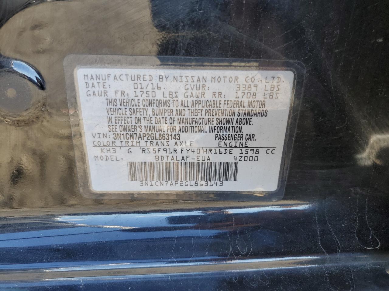 2016 Nissan Versa S VIN: 3N1CN7AP2GL863143 Lot: 85738275