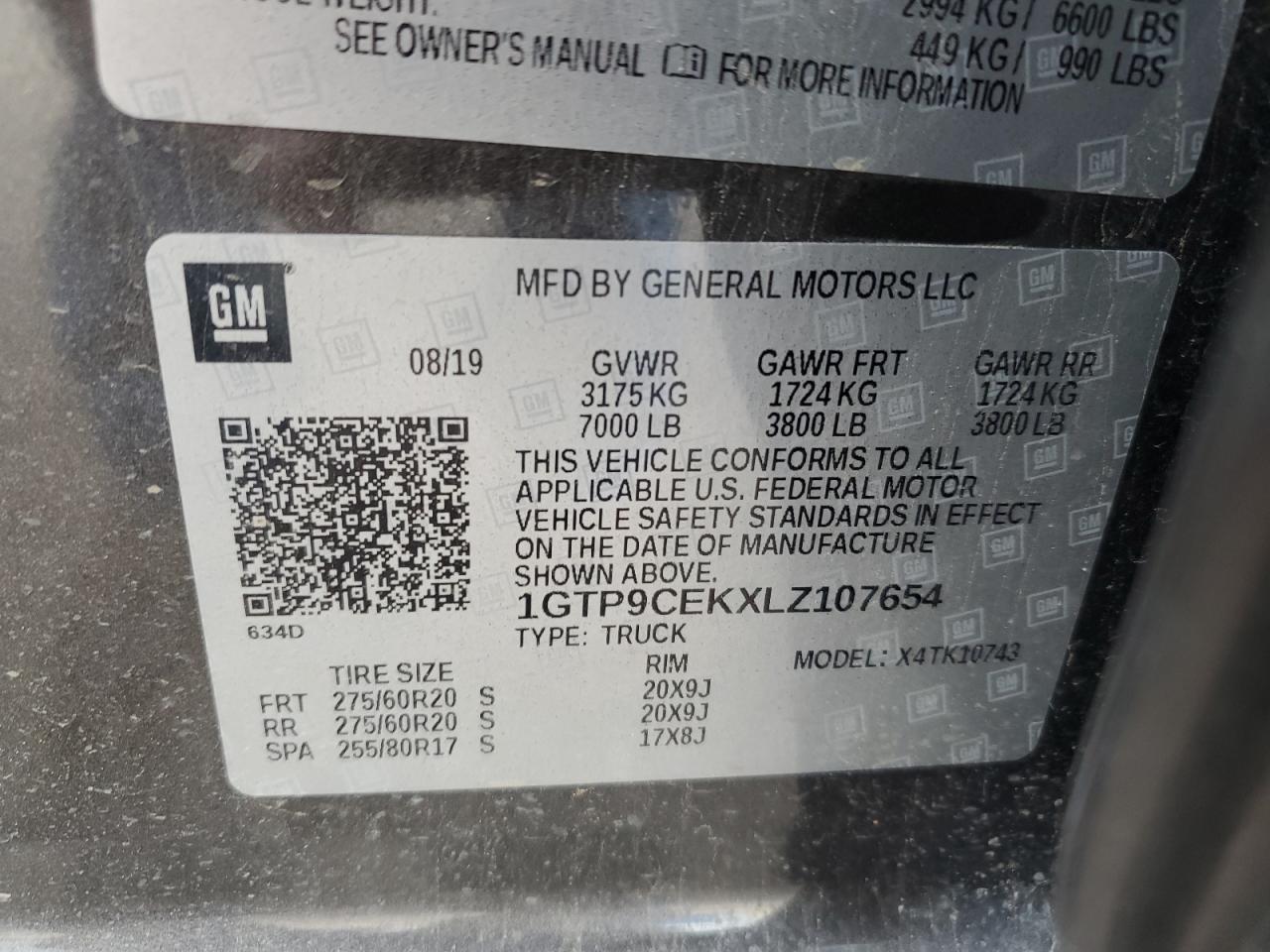 2020 GMC Sierra K1500 Elevation VIN: 1GTP9CEKXLZ107654 Lot: 86627895