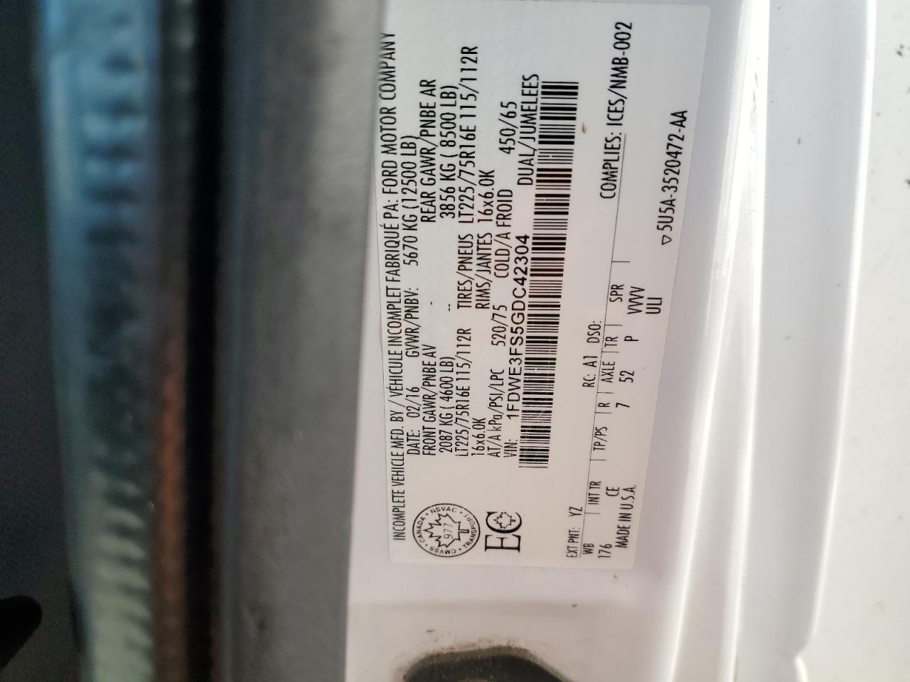2016 Ford Econoline E350 Super Duty Cutaway Van VIN: 1FDWE3FS5GDC42304 Lot: 81685195