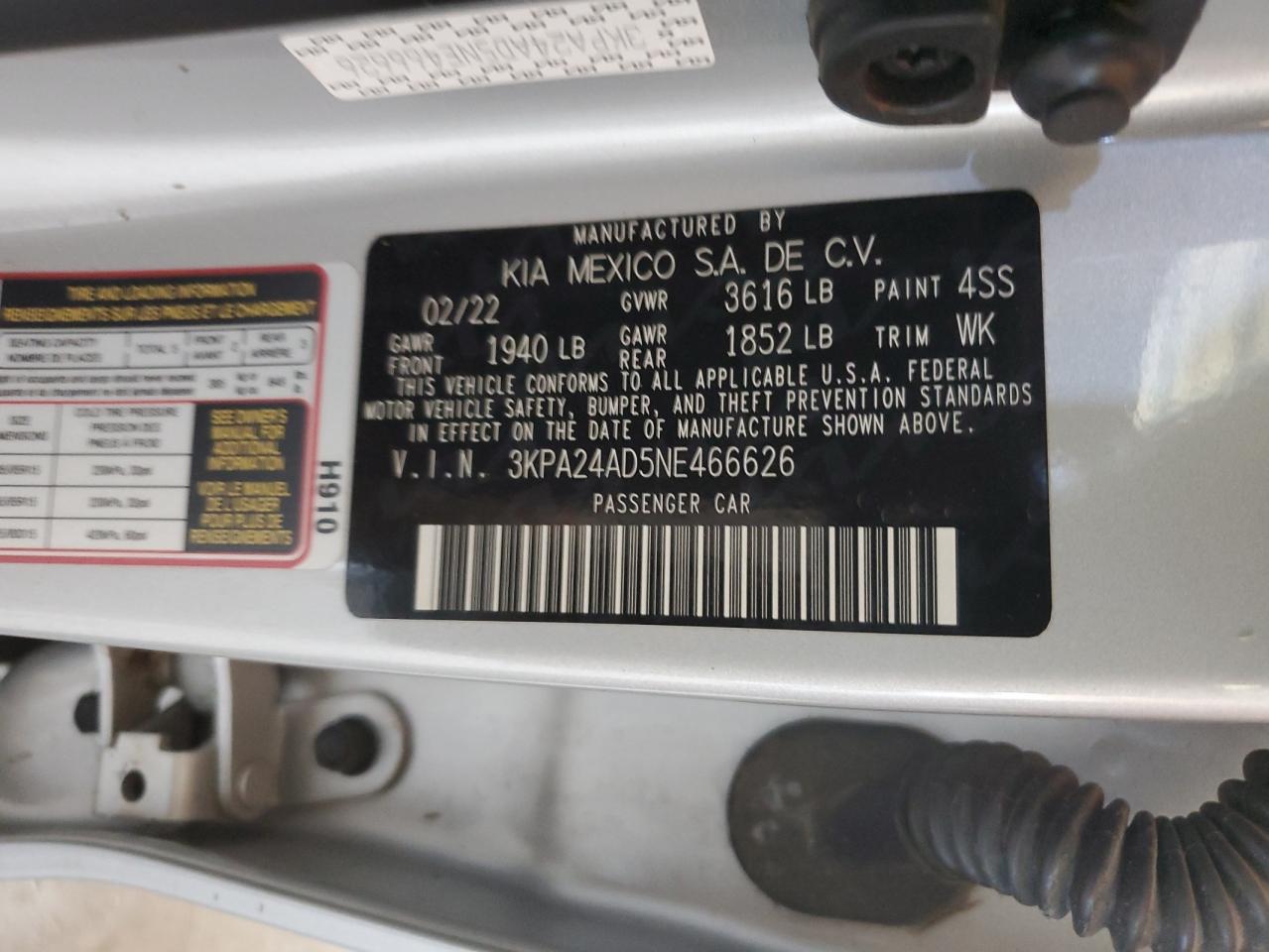 2022 Kia Rio Lx VIN: 3KPA24AD5NE466626 Lot: 89678185