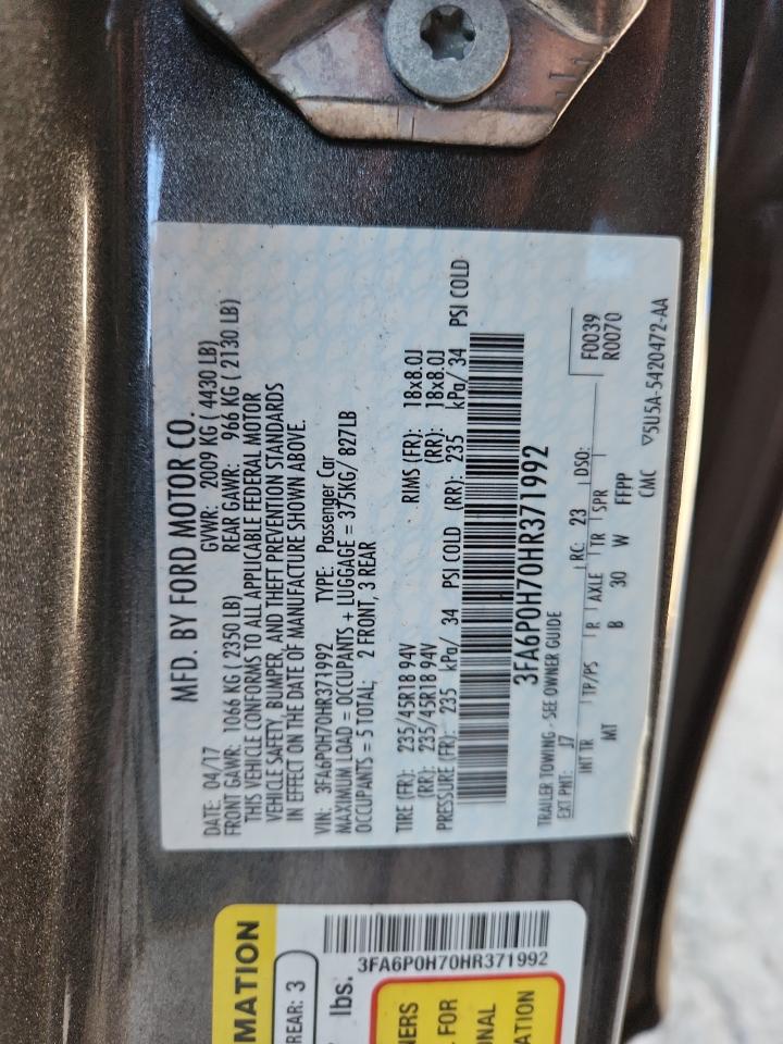 2017 Ford Fusion Se VIN: 3FA6P0H70HR371992 Lot: 85372425