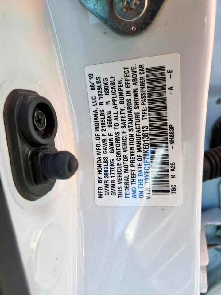 2019 Honda Civic Exl VIN: 19XFC1F70KE013613 Lot: 85875025