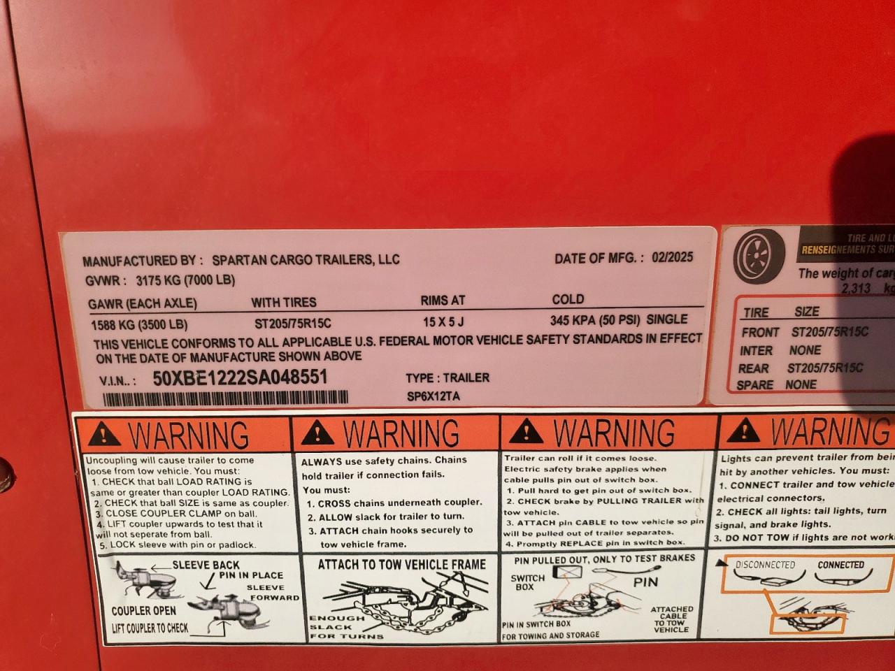 2025 Spartan Cargo Sp6X12Ta Enclosed Cargo Trailer VIN: 50XBE1222SA048551 Lot: 89873535