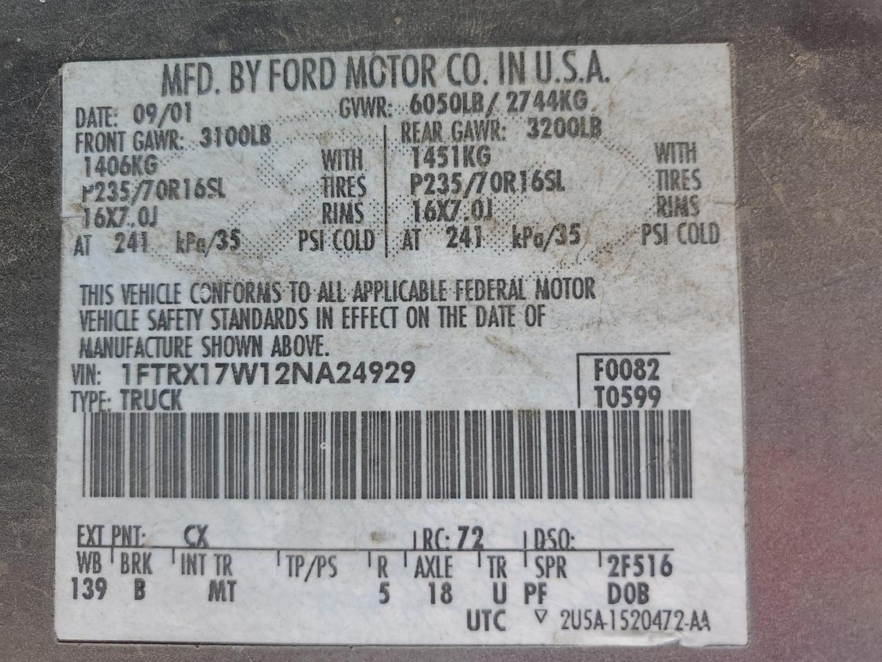 2002 Ford F150 VIN: 1FTRX17W12NA24929 Lot: 81983265