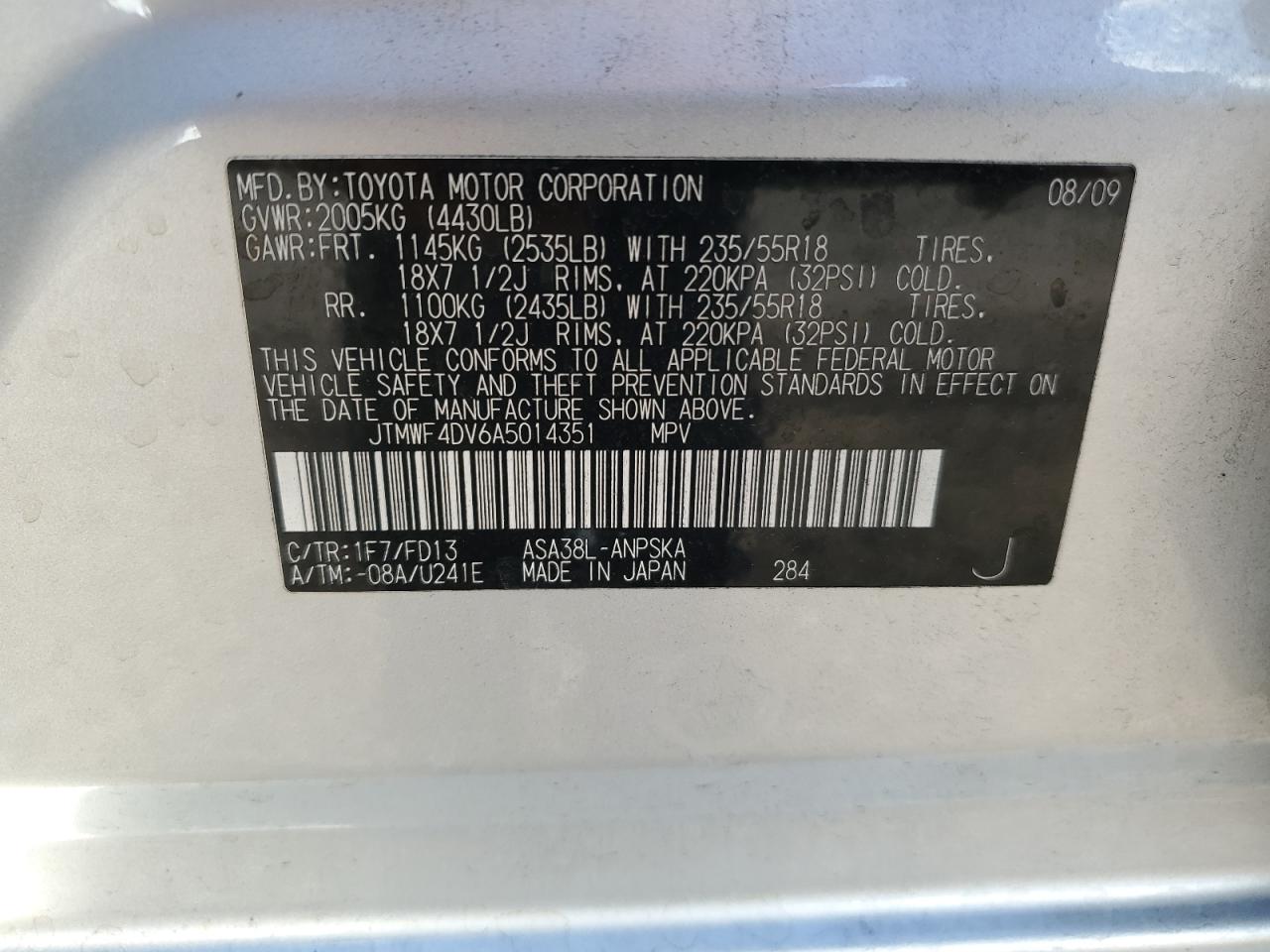 2010 Toyota Rav4 Sport VIN: JTMWF4DV6A5014351 Lot: 86715455