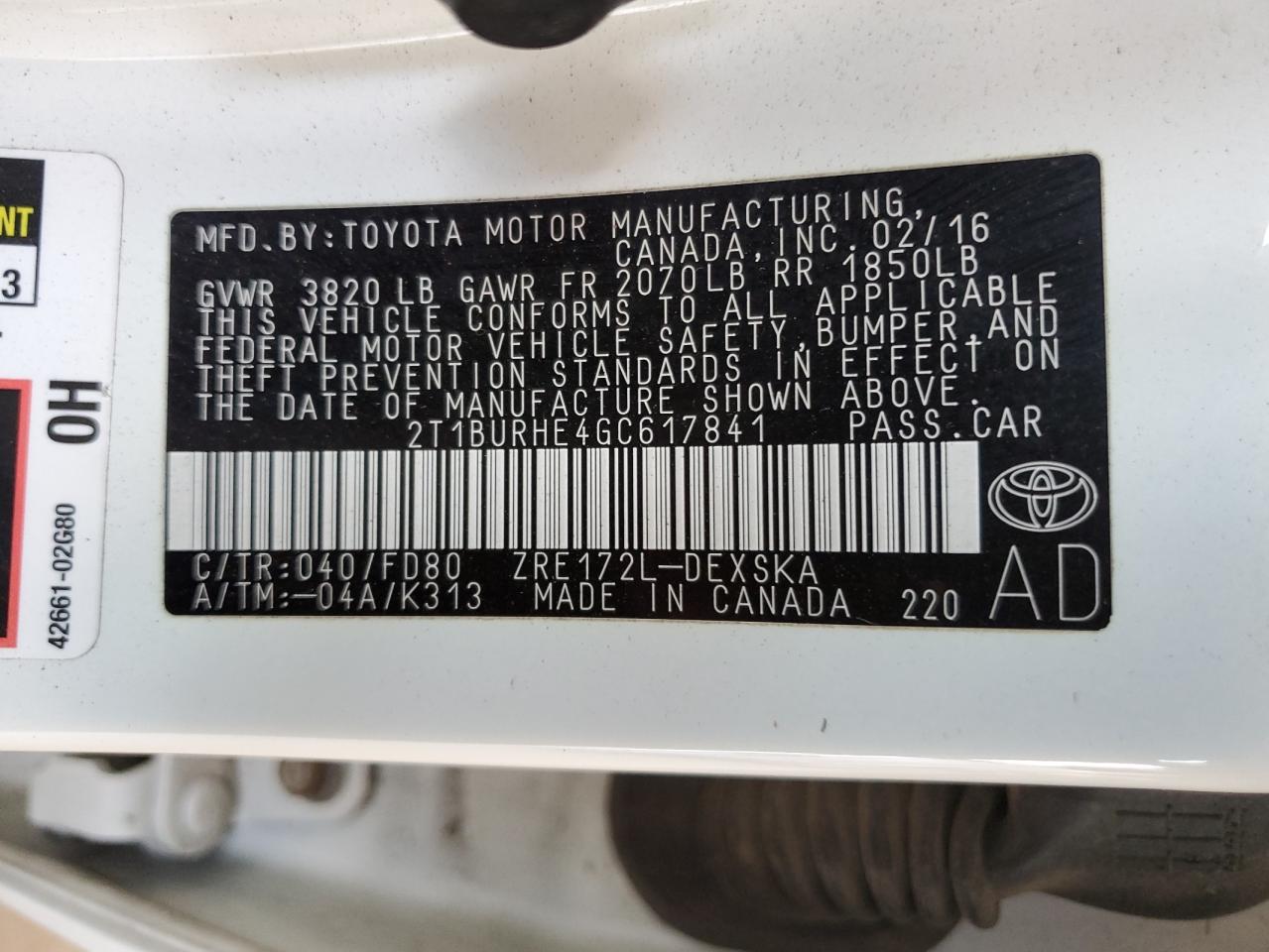 2016 Toyota Corolla L VIN: 2T1BURHE4GC617841 Lot: 82372695