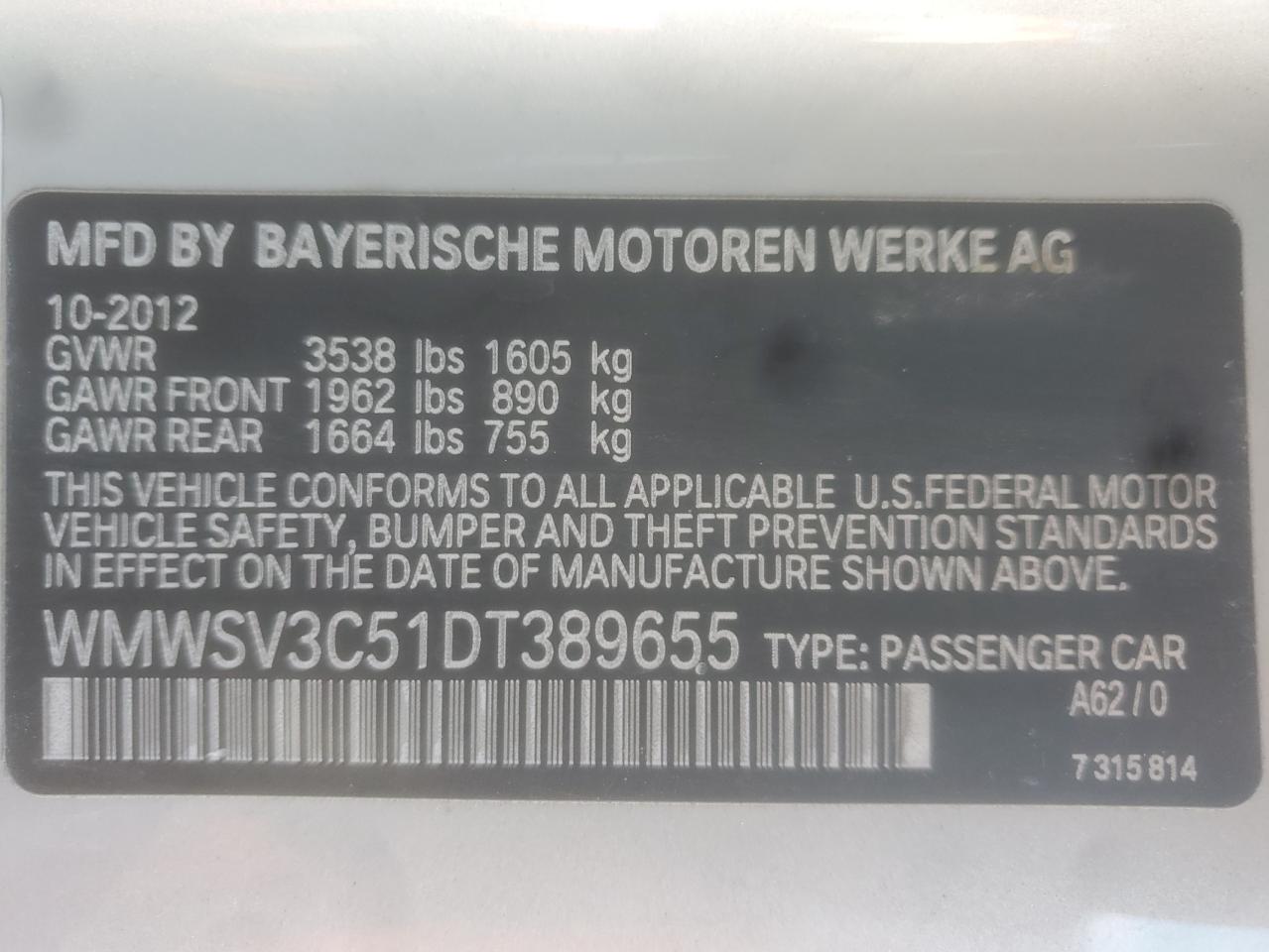 2013 Mini Cooper S VIN: WMWSV3C51DT389655 Lot: 90400365