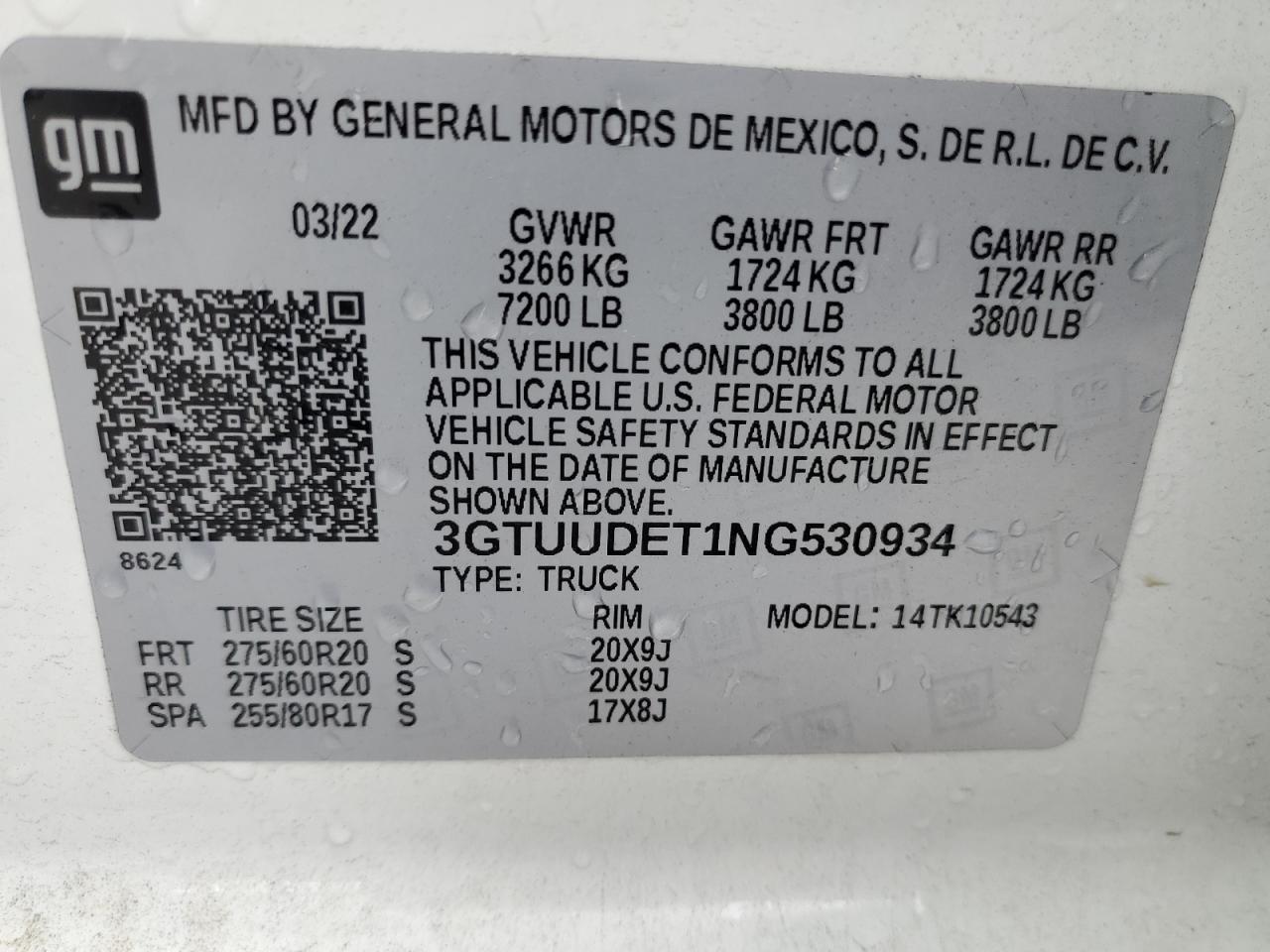 2022 GMC Sierra K1500 Slt VIN: 3GTUUDET1NG530934 Lot: 85498945